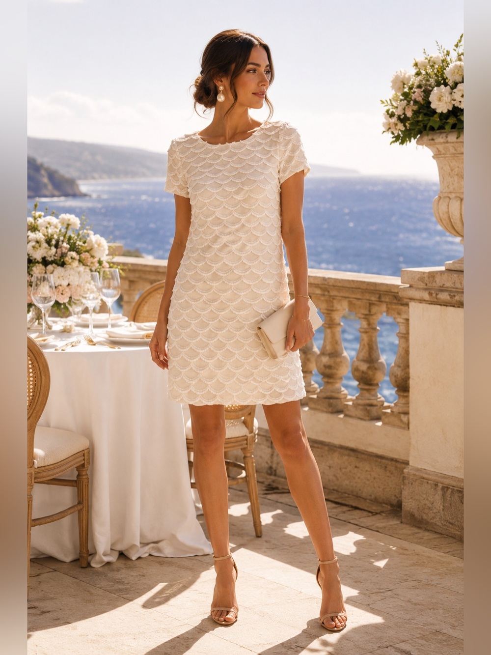 Trina Turk Ivory Scalloped Fringe Shift Dress Textured Cocktail Dress Size 4